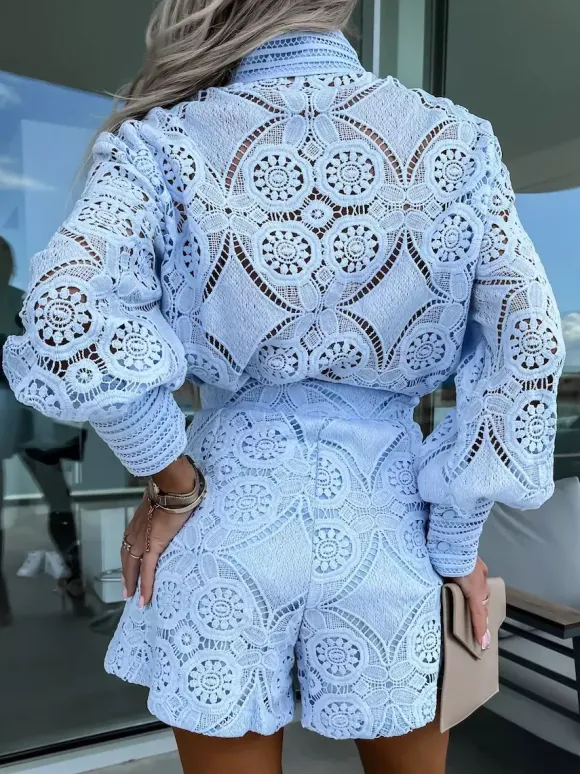 Ensemble deux pièces en dentelle chemise à manches longues et short 2026