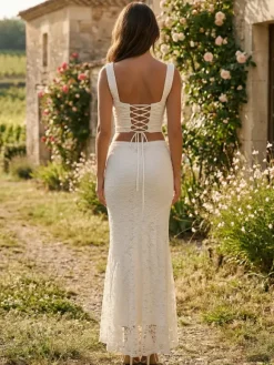 Ensemble deux pièces en dentelle : crop top à col carré et jupe longue sirène pour femme (collection 2026)