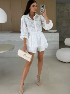 Ensemble deux pièces en jacquard chemise à manches longues et short superposé 2026