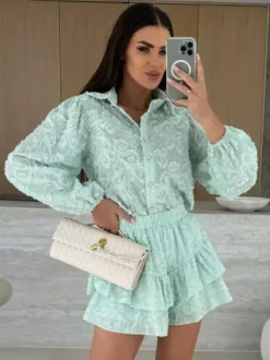 Ensemble deux pièces en jacquard chemise à manches longues et short superposé 2026