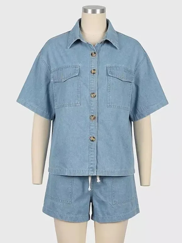 Ensemble deux pièces en jean délavé moyen pour femme - Short à cordon et chemise boutonnée - Tenues décontractées d'été 2026