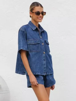 Ensemble deux pièces en jean délavé moyen pour femme - Short à cordon et chemise boutonnée - Tenues décontractées d'été 2026