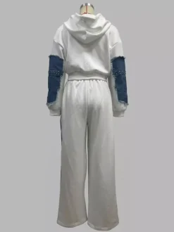 Ensemble deux pièces en patchwork de denim pour femme - Sweat à capuche clouté et pantalon large - Survêtement streetwear printemps 2026