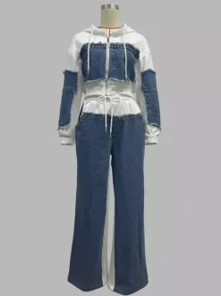 Ensemble deux pièces en patchwork de denim pour femme - Sweat à capuche clouté et pantalon large - Survêtement streetwear printemps 2026