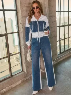 Ensemble deux pièces en patchwork de denim pour femme - Sweat à capuche clouté et pantalon large - Survêtement streetwear printemps 2026