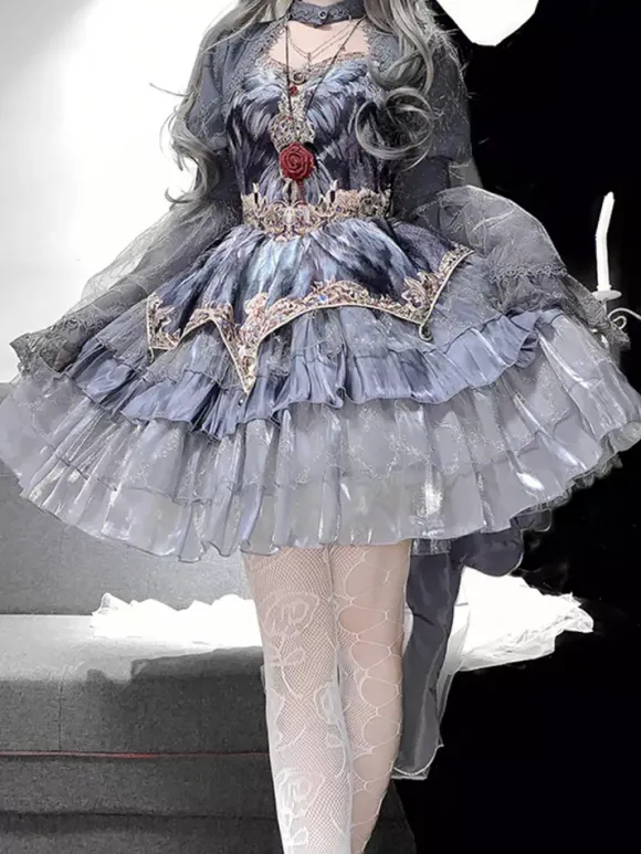 Ensemble deux pièces Gothic Lolita : robe bustier JSK et cape grise à manches transparentes