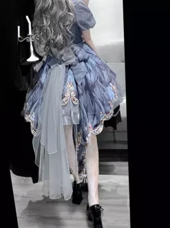 Ensemble deux pièces Gothic Lolita : robe bustier JSK et cape grise à manches transparentes