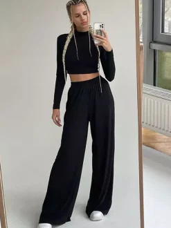 Ensemble deux pièces gris décontracté pour soirée col montant manches longues et pantalon