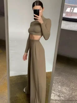 Ensemble deux pièces gris décontracté pour soirée col montant manches longues et pantalon