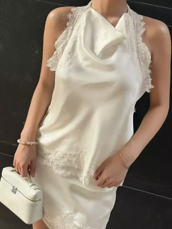 Ensemble deux pièces jupe sans manches en dentelle abricot chic pour un look décontracté au quotidien