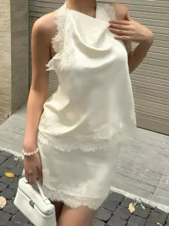 Ensemble deux pièces jupe sans manches en dentelle abricot chic pour un look décontracté au quotidien