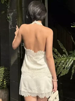 Ensemble deux pièces jupe sans manches en dentelle abricot chic pour un look décontracté au quotidien