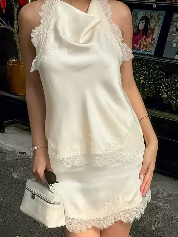 Ensemble deux pièces jupe sans manches en dentelle abricot chic pour un look décontracté au quotidien