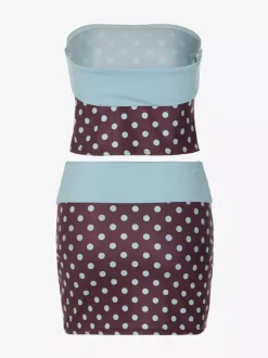 Ensemble deux pièces jupe sans manches à pois bleus style décontracté en polyester.