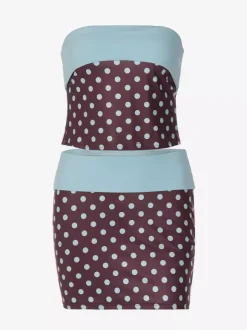 Ensemble deux pièces jupe sans manches à pois bleus style décontracté en polyester.
