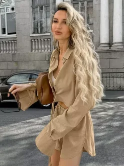 Ensemble deux pièces kaki streetwear en lin à col rabattu et manches longues et pantalon
