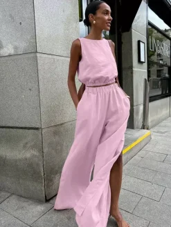 Ensemble deux pièces kaki streetwear en coton à col rond et sans manches pantalon chic