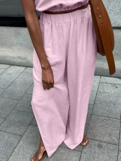 Ensemble deux pièces kaki streetwear en coton à col rond et sans manches pantalon chic