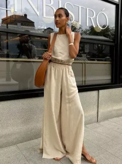 Ensemble deux pièces kaki streetwear en coton à col rond et sans manches pantalon chic