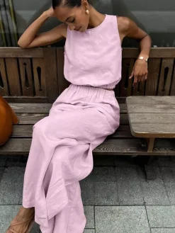 Ensemble deux pièces kaki streetwear en coton à col rond et sans manches pantalon chic
