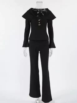 Ensemble deux pièces élégant pour femme tailleur pantalon - Col montant vintage boutons dorés manches cloche - Tenue de soirée de gala printemps 2026