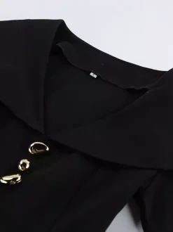 Ensemble deux pièces élégant pour femme tailleur pantalon - Col montant vintage boutons dorés manches cloche - Tenue de soirée de gala printemps 2026