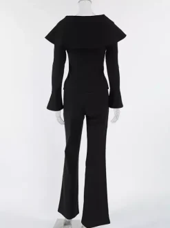 Ensemble deux pièces élégant pour femme tailleur pantalon - Col montant vintage boutons dorés manches cloche - Tenue de soirée de gala printemps 2026