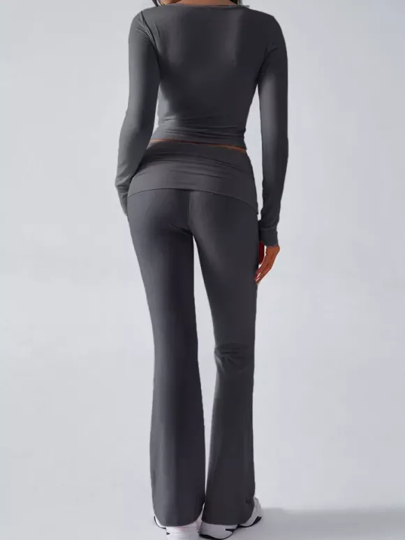Ensemble deux pièces manches longues pour femme - Haut court ajusté à col en V et pantalon évasé style yoga - Collection printemps 2026