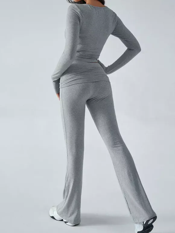 Ensemble deux pièces manches longues pour femme - Haut court ajusté à col en V et pantalon évasé style yoga - Collection printemps 2026