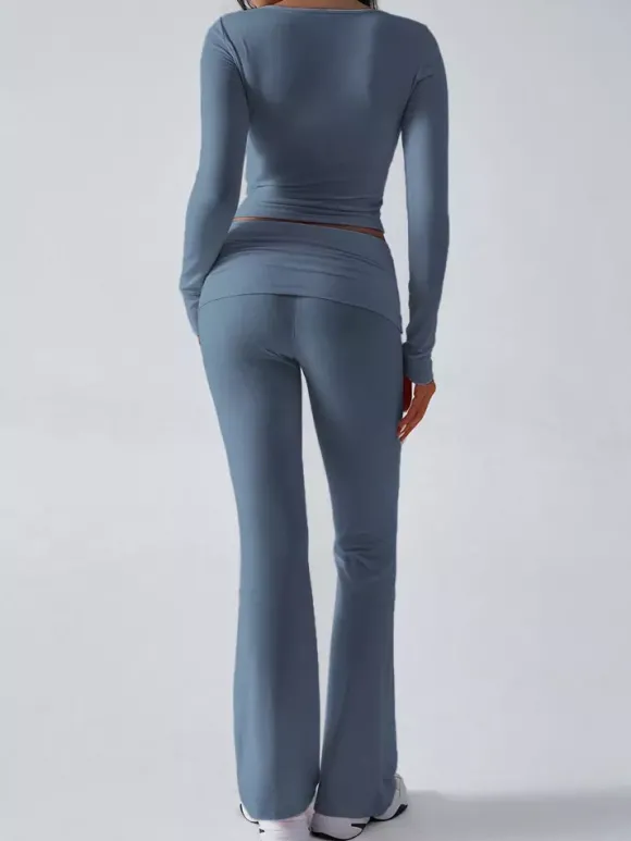 Ensemble deux pièces manches longues pour femme - Haut court ajusté à col en V et pantalon évasé style yoga - Collection printemps 2026