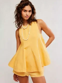 Ensemble deux pièces : mini-robe orange jean décontracté à col rond sans manches pantalon.