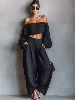 Ensemble deux pièces noir sans bretelles à manches longues et pantalon