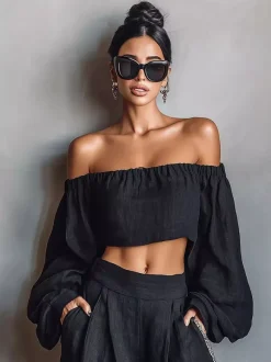 Ensemble deux pièces noir sans bretelles à manches longues et pantalon