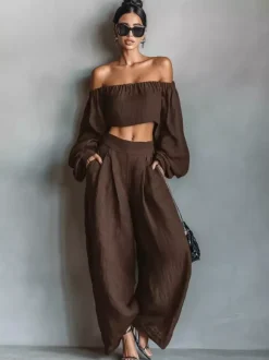 Ensemble deux pièces noir sans bretelles à manches longues et pantalon