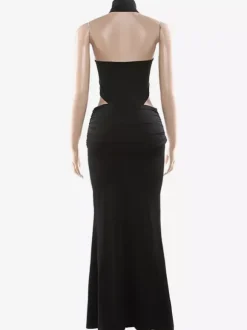 Ensemble deux pièces noir sexy pour femme - Body dos nu à col montant et jupe longue - Soirée d'été 2026