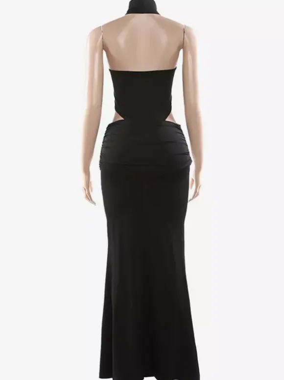 Ensemble deux pièces noir sexy pour femme - Body dos nu à col montant et jupe longue - Soirée d'été 2026