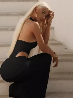 Ensemble deux pièces noir sexy pour femme - Body dos nu à col montant et jupe longue - Soirée d'été 2026