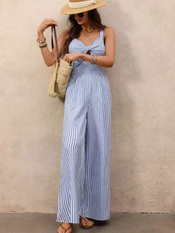 Ensemble deux pièces : pantalon et robe sans manches bleu chic style resort découpes et coupe flatteuse.