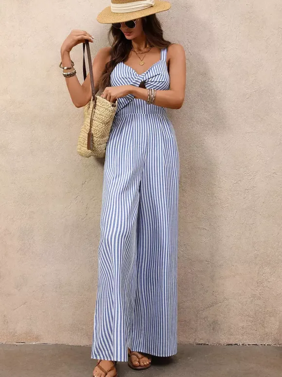 Ensemble deux pièces : pantalon et robe sans manches bleu chic style resort découpes et coupe flatteuse.