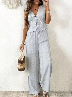 Ensemble deux pièces : pantalon blanc imprimé style streetwear en polyester col V sans manches.