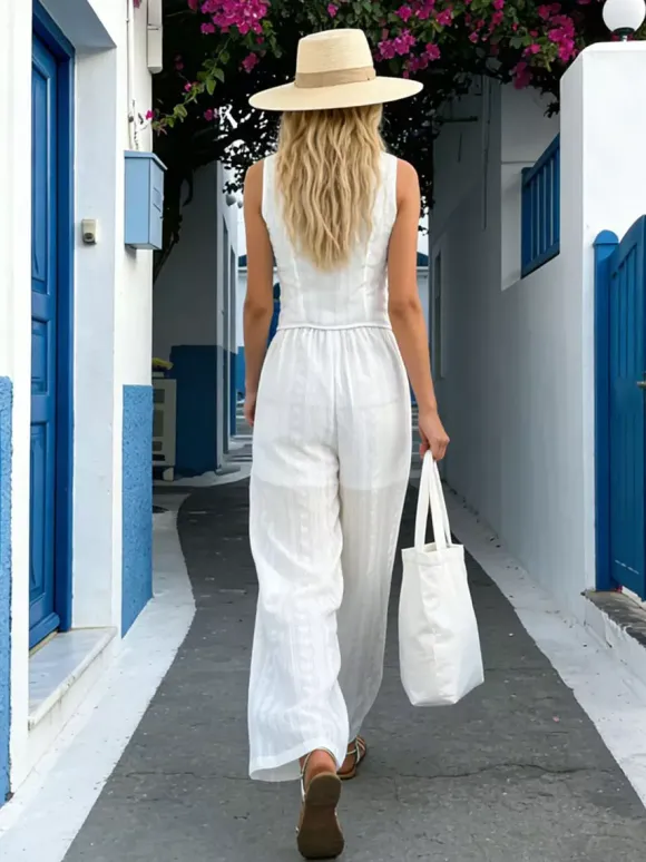 Ensemble deux pièces : pantalon blanc imprimé style streetwear en polyester col V sans manches.