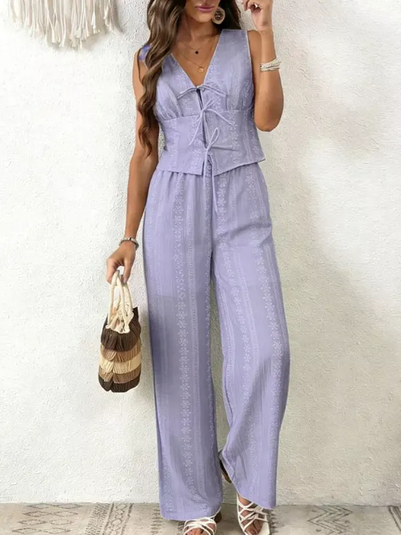 Ensemble deux pièces : pantalon blanc imprimé style streetwear en polyester col V sans manches.