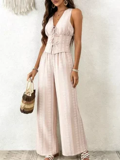 Ensemble deux pièces : pantalon blanc imprimé style streetwear en polyester col V sans manches.