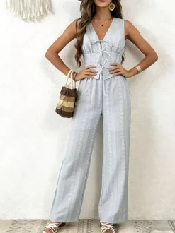 Ensemble deux pièces : pantalon blanc imprimé style streetwear en polyester col V sans manches.