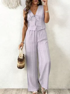 Ensemble deux pièces : pantalon blanc imprimé style streetwear en polyester col V sans manches.