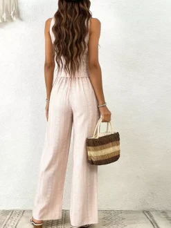Ensemble deux pièces : pantalon blanc imprimé style streetwear en polyester col V sans manches.