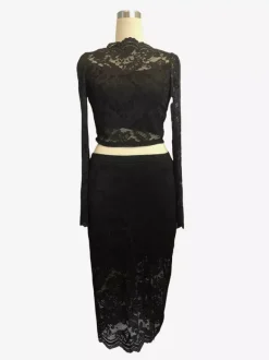 Ensemble deux pièces pour femme : crop top à manches longues en dentelle florale et jupe midi (collection 2026)