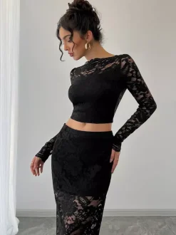 Ensemble deux pièces pour femme : crop top à manches longues en dentelle florale et jupe midi (collection 2026)