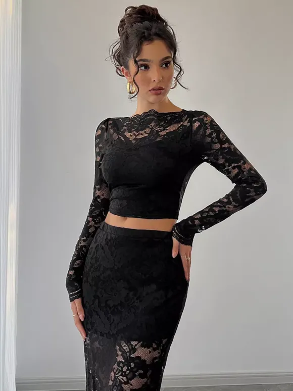Ensemble deux pièces pour femme : crop top à manches longues en dentelle florale et jupe midi (collection 2026)