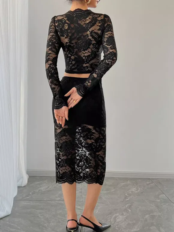 Ensemble deux pièces pour femme : crop top à manches longues en dentelle florale et jupe midi (collection 2026)